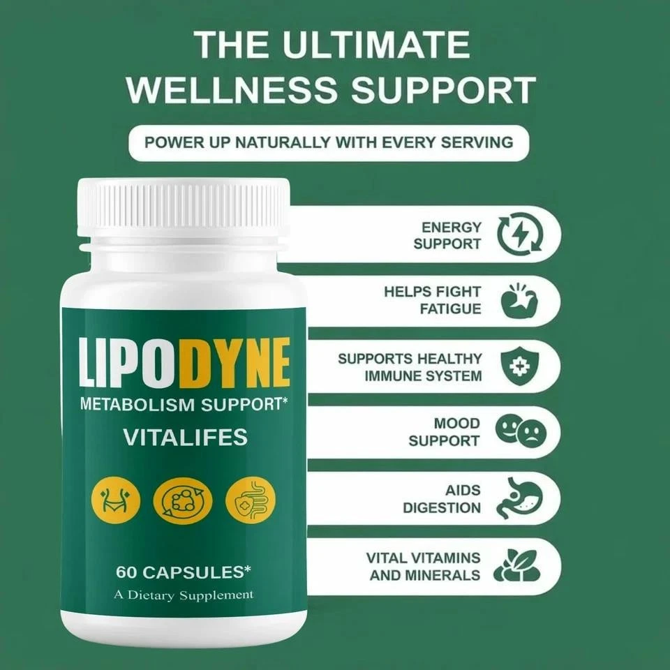 The seller's wellness support panel for LipoDyne, listing six benefit chips